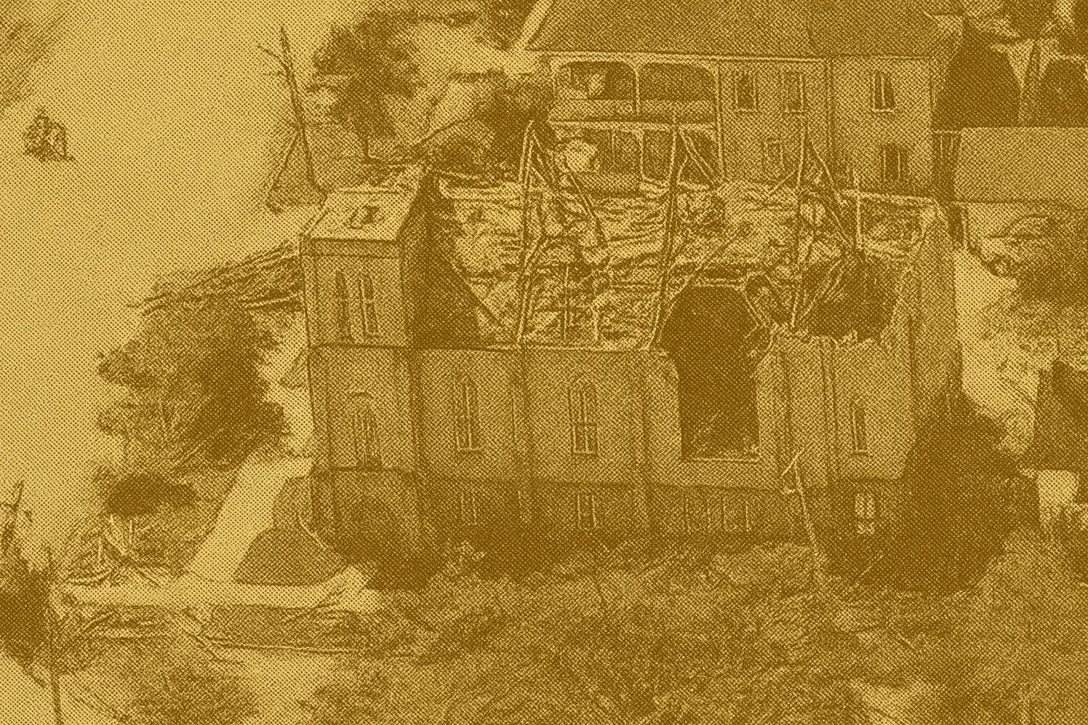 Aerial view of Victoria Street United Church in Goderich, Ontario, showing severe tornado damage after the August 21, 2011 F3 tornado. The historic church’s roof was destroyed during the storm, one of Ontario’s strongest in over a decade.