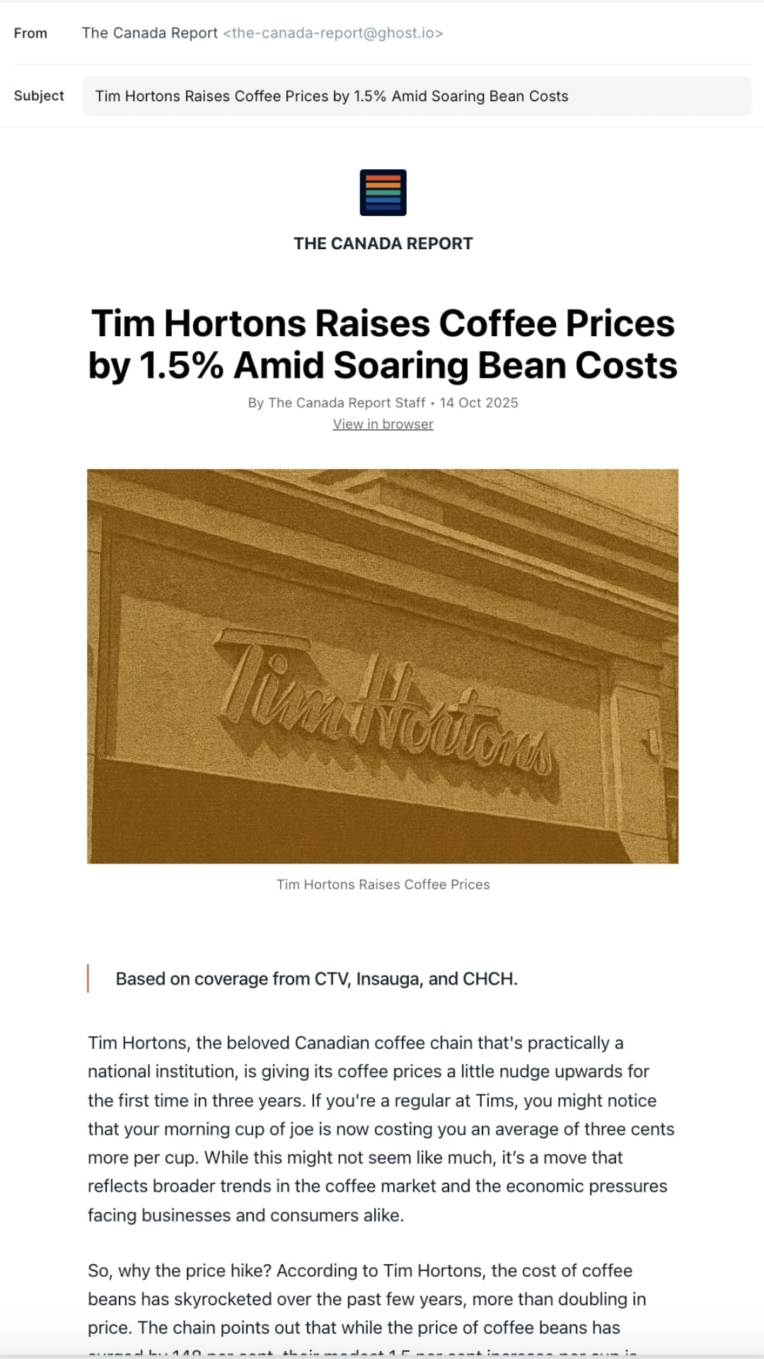 Sample issue of The Canada Report newsletter on desktop and phone