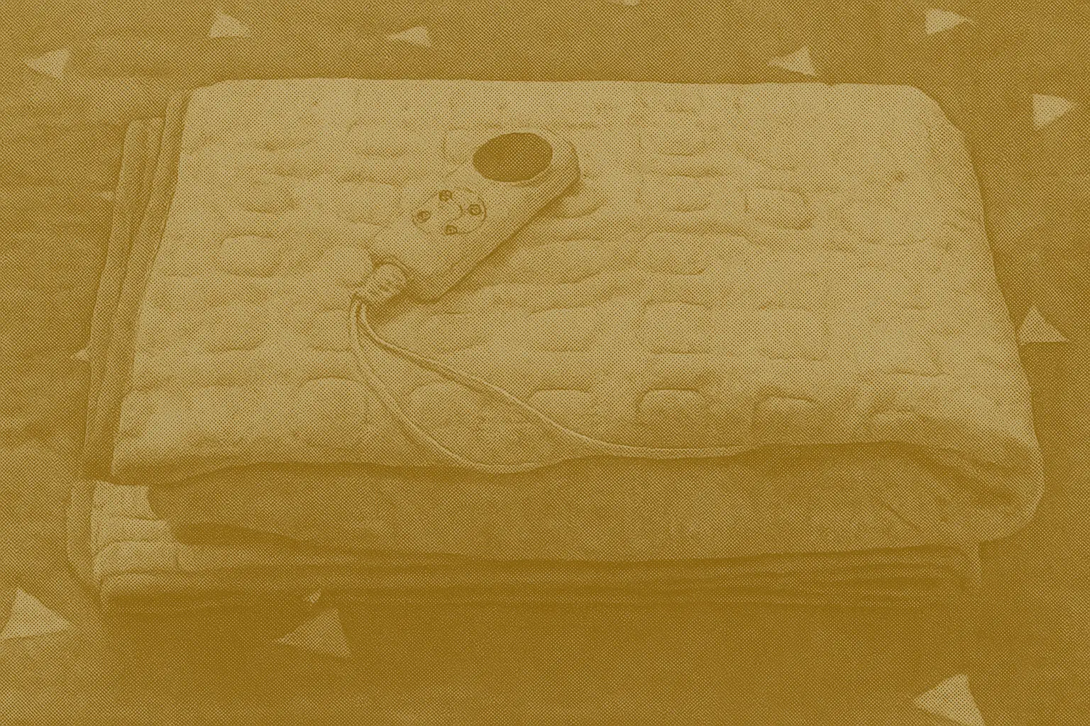 A folded electric heated blanket with a wired controller placed on top, shown in a retro hand-drawn style for a Canadian buying guide.