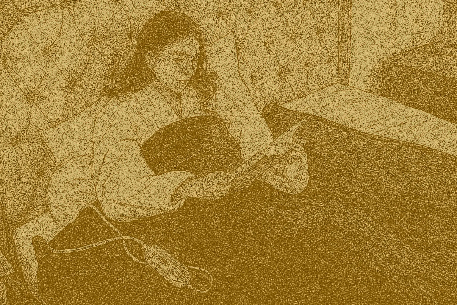 A woman relaxing in bed while reading, wrapped in an electric heated blanket with a controller visible — retro newspaper-style illustration for a Canadian buying guide.