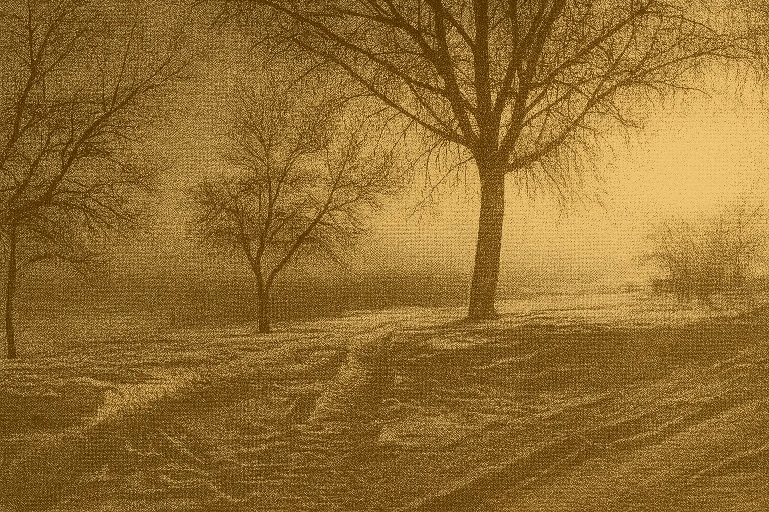 Retro-style landscape of a snowy Canadian field with bare trees and soft winter light, representing the brief daylight hours of winter.