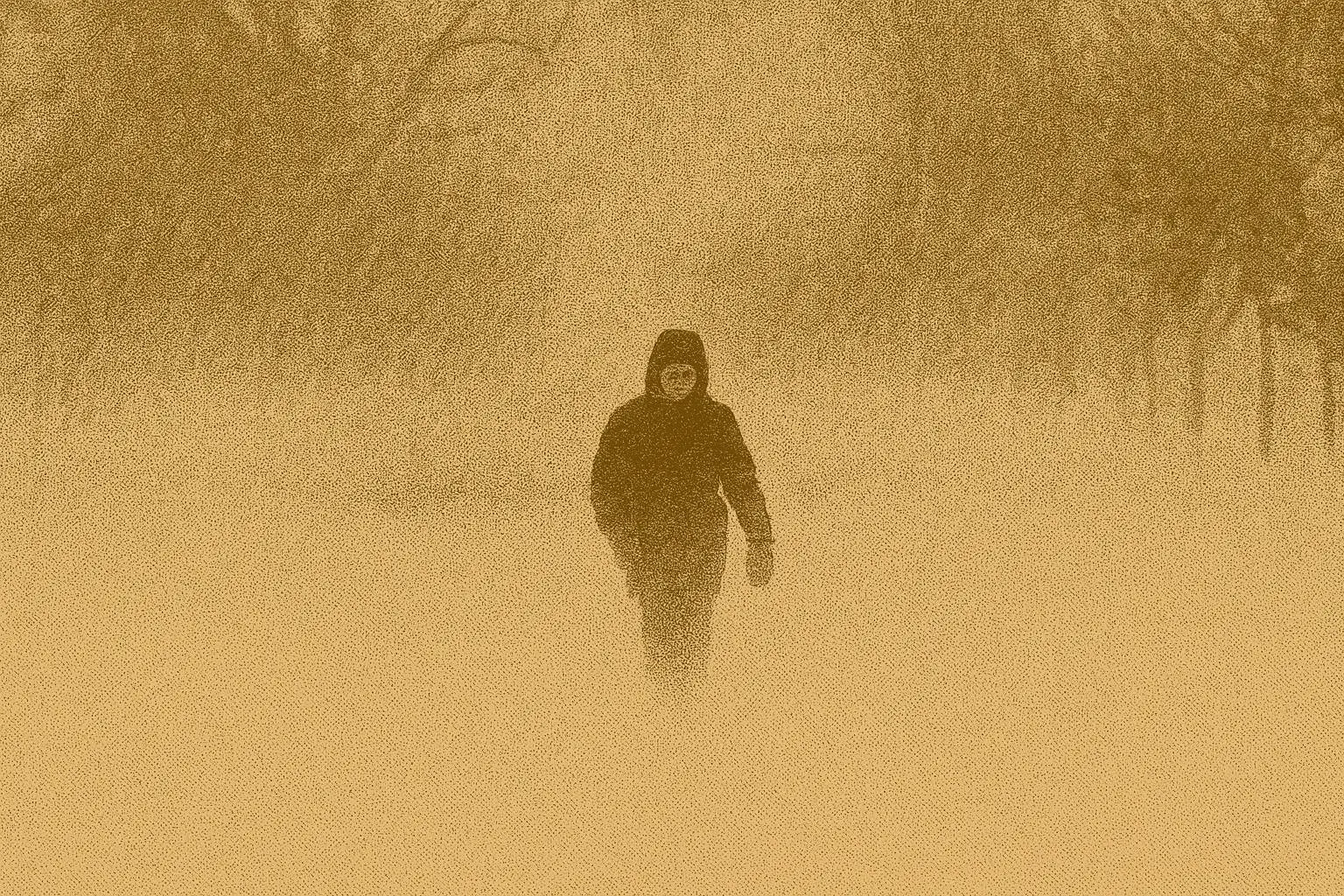Retro-style image of a person walking alone through a heavy Canadian blizzard, symbolizing winter isolation and harsh weather conditions.