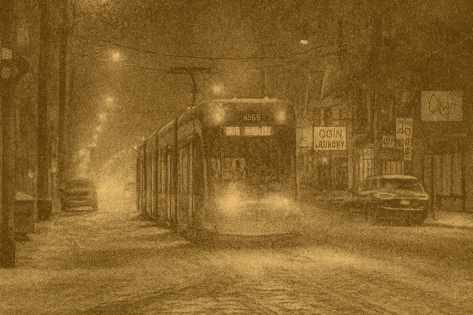 Retro-style image of a Toronto streetcar moving through a snowy night, showing urban winter darkness and heavy snowfall in Canada.