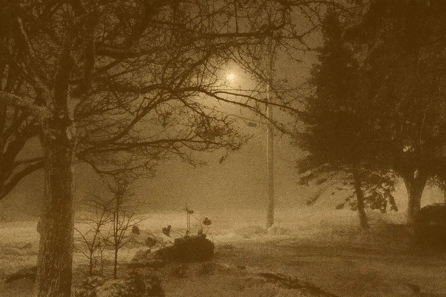 Retro-style winter night scene with snow-covered trees and a glowing streetlight in Canada, showing the quiet darkness of winter.