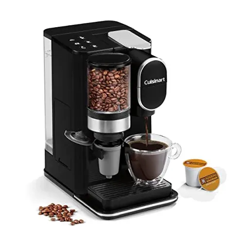Cuisinart Single-Serve Coffeemaker with built-in grinder and three brew sizes in black.