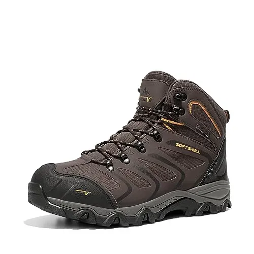 NORTIV 8 Men's waterproof hiking boots in brown, black, and tan, size 10, ideal for trekking.