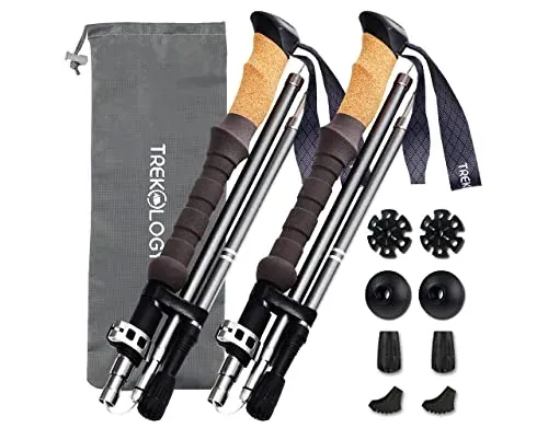 TREKOLOGY collapsible hiking poles with cork grips, designed for comfort and stability on trails.