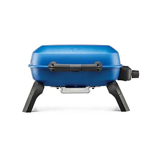 Napoleon TravelQ Portable Propane Gas Grill in blue with 9,000 BTU power and cast iron grids.