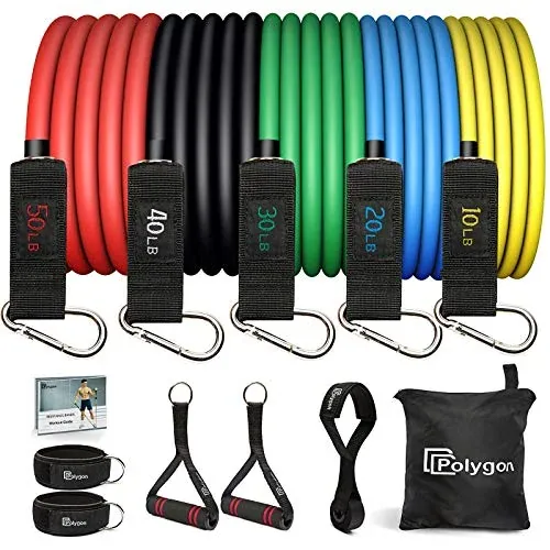 Polygon resistance bands set with 5 color-coded bands, door anchor, and accessories for workouts
