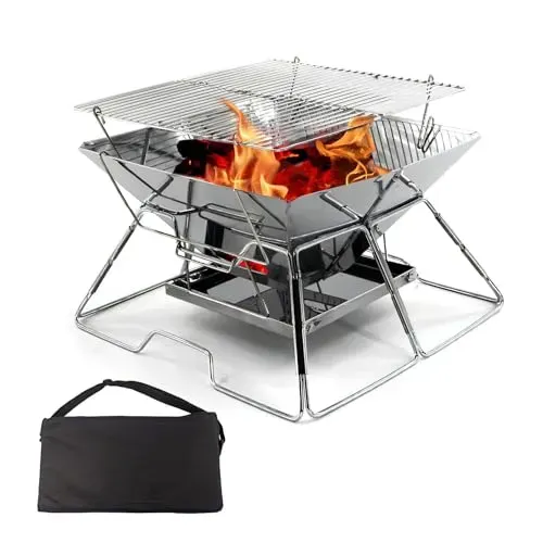 OZHOMY collapsible stainless steel fire pit and grill for outdoor cooking and gatherings