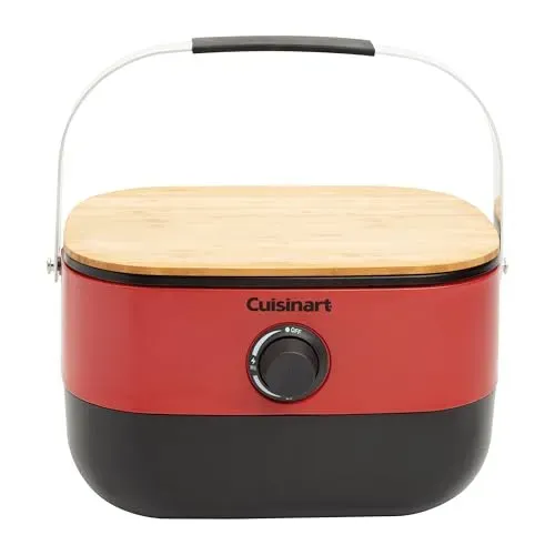 Cuisinart Venture Portable BBQ Grill in red with cutting board lid and comfort grip handle