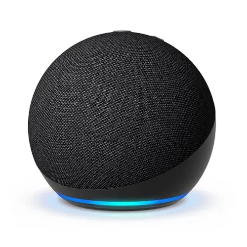 Amazon Echo Dot (latest model) in charcoal color, enhanced audio for clearer sound and vocals.