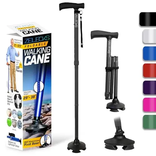 ZELECKS adjustable folding cane with detachable T handle and 360-degree pivot base for stability