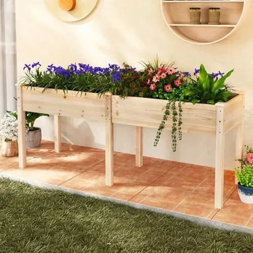 S AFSTAR elevated garden bed made of natural fir wood featuring a divider and 8 drainage holes.