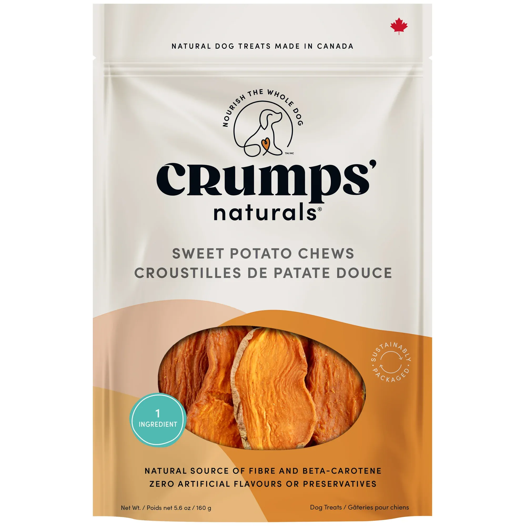 Crumps Naturals Sweet Potato Chews package showing one-ingredient vegan dog treats made in Canada