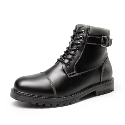 Bruno Marc Men's black combat boots with fur lining and side zipper for warmth and style.