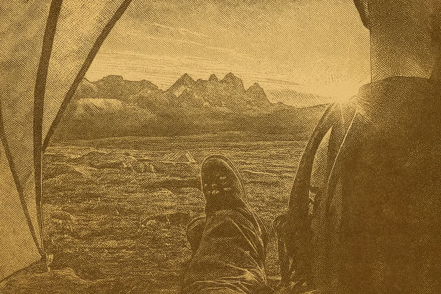 Inside a tent with mountain view at sunrise.