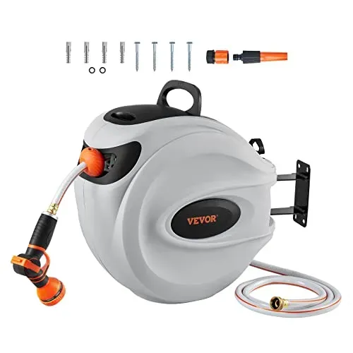 VEVOR 100 ft retractable hose reel with 180° swivel bracket and automatic rewind feature