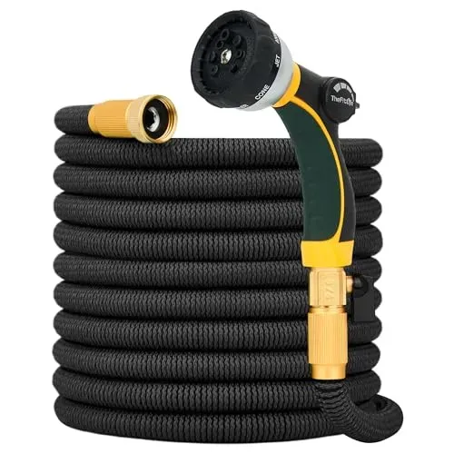 TheFitLife 50FT expandable garden hose featuring solid metal fittings and a spray nozzle.