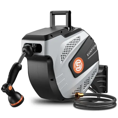 SUNPOW 50ft wall-mounted retractable garden hose reel with auto rewind and sprayer nozzle